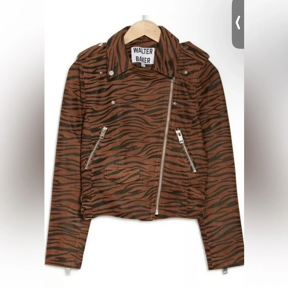NWT $798 WALTER BAKER Liz 100% goat Leather Jacket. Brown zebra - Picture 3 of 4